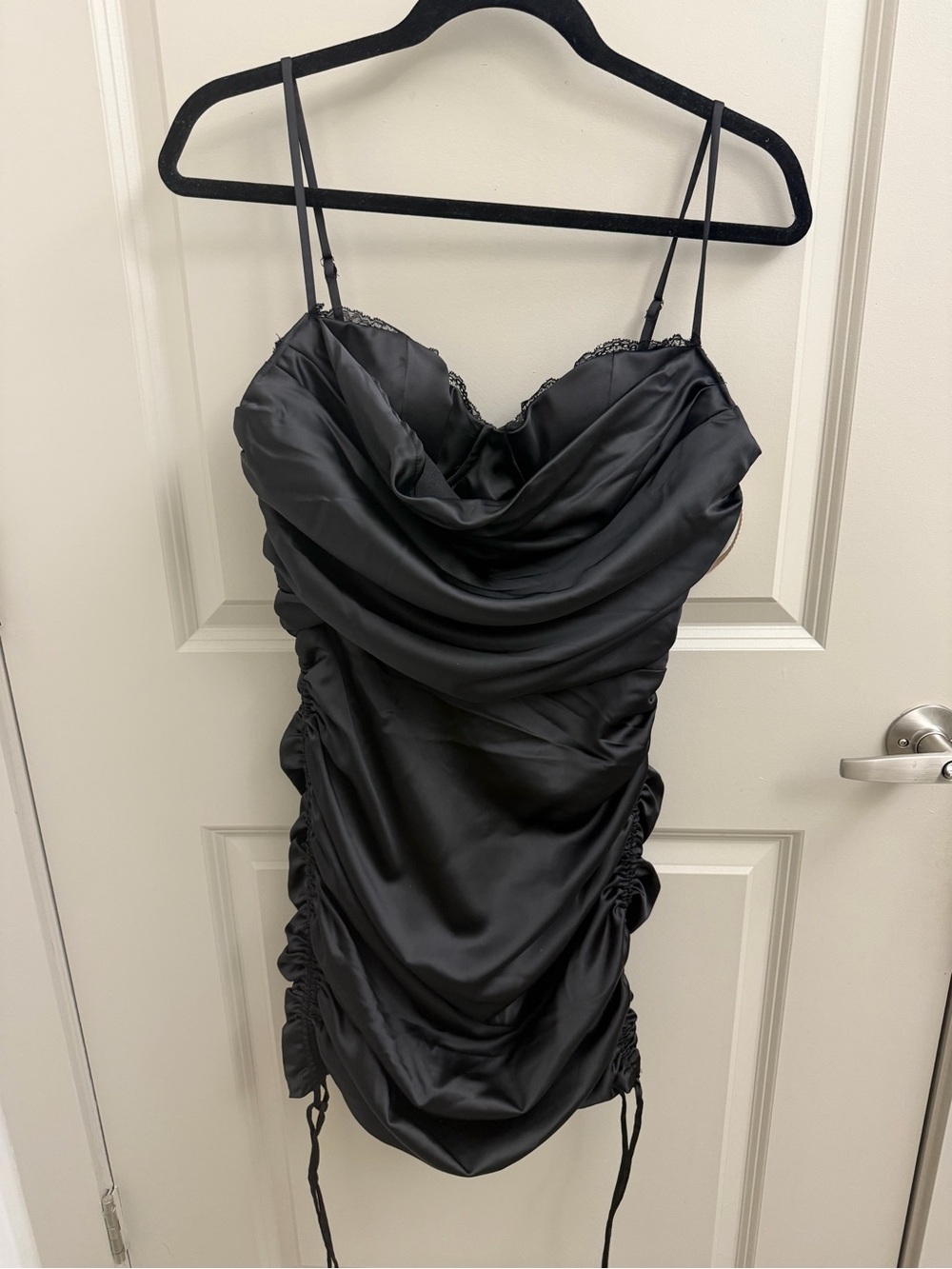 Satin Cowl Neck Black Ruched Mini Dress